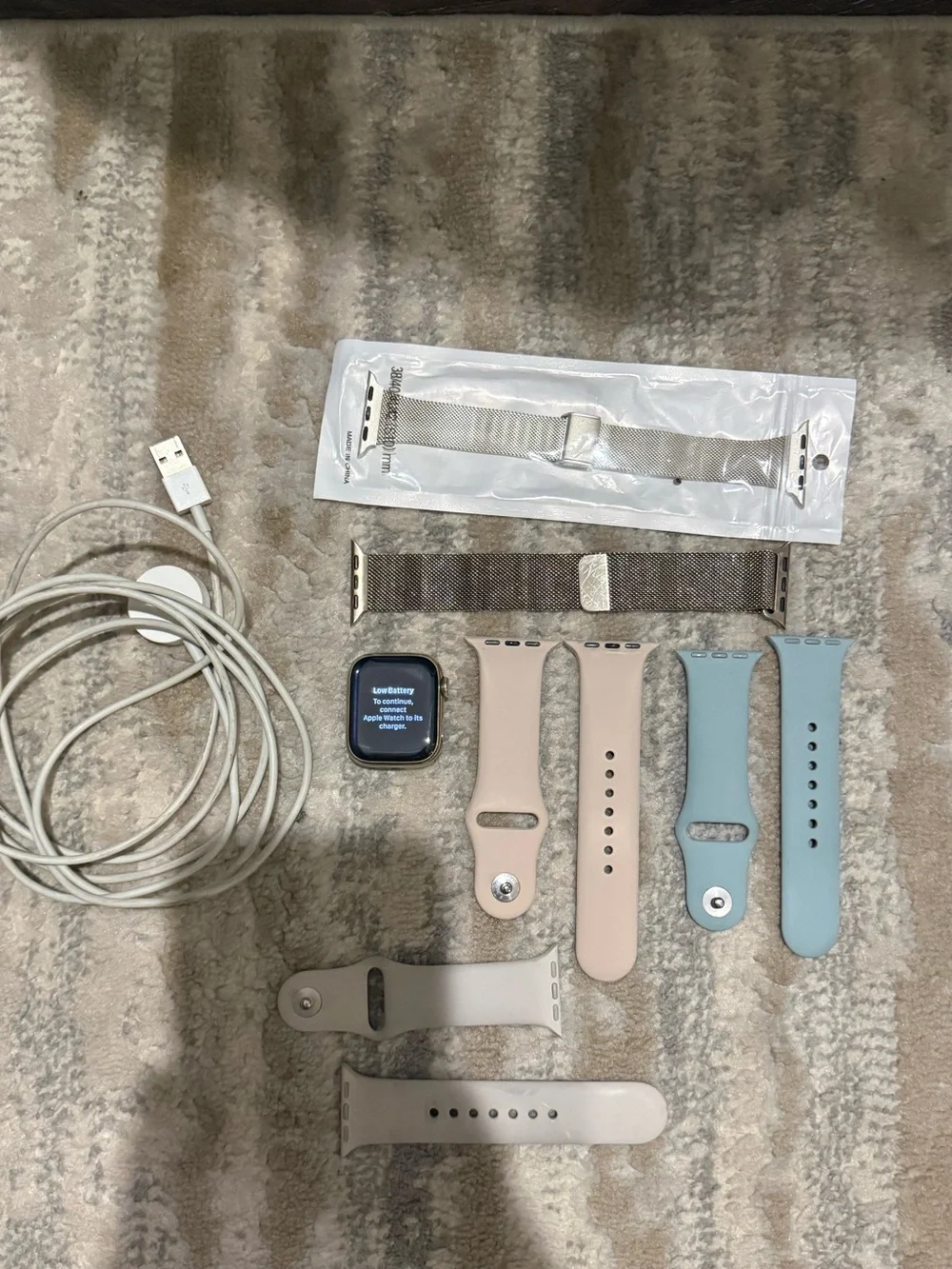 Apple Watch with Silver Milanese and Pastel Blue & Pink Sport Bands